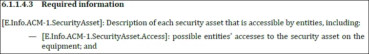 Excerpt of EN 18031-1 ACM-1 Required Information table showing identifiers such as [E.Info.ACM-1.SecurityAsset] and [E.Info.ACM-1.NetworkAsset] with their descriptions (Source: EN 18031 standards)
