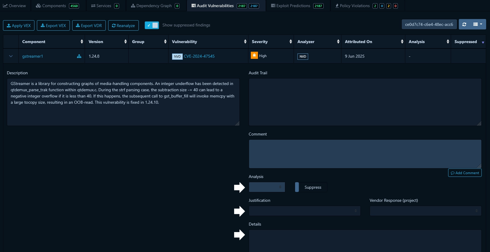 View in Dependency Track that presents a vulnerability along with specific fields for documenting the analysis performed on that vulnerability.