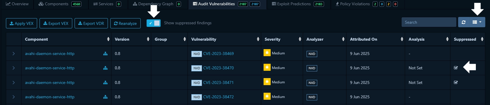 An option in Dependency Track allows users to hide or display vulnerabilities that have been marked as 'suppressed'.