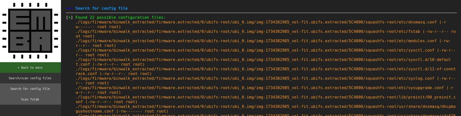 The screenshot of EMBA. It identified config files present in the firmware.