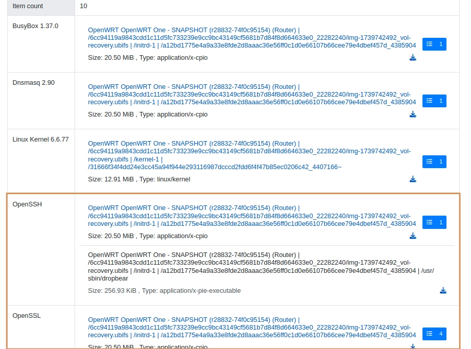 Result of FACT analysis having found software components (OpenSSH and OpenSSL) in the firmware.